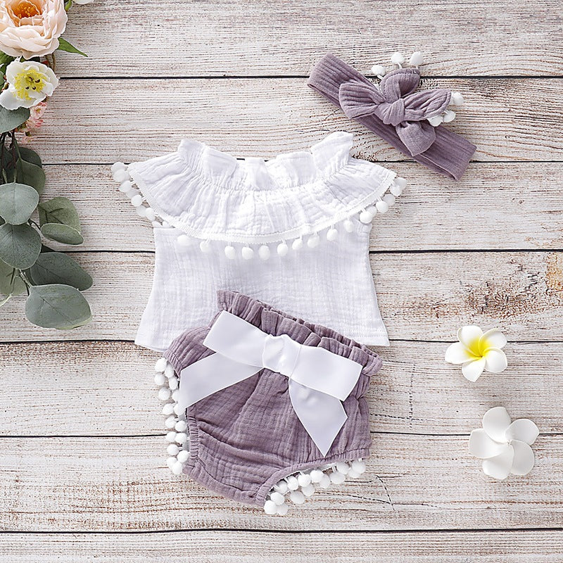 סט לתינוקות סרט פפיון חולצה ומכנס - PomPom Baby Set