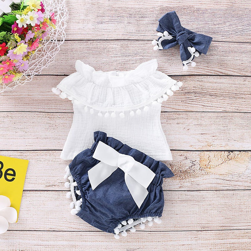 סט לתינוקות סרט פפיון חולצה ומכנס - PomPom Baby Set