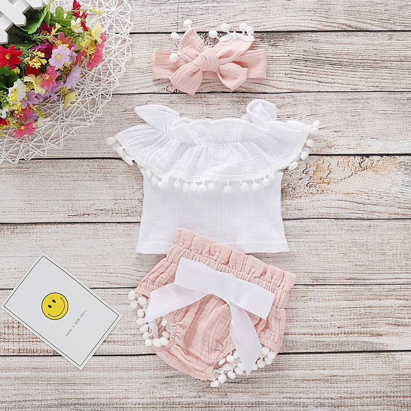 סט לתינוקות סרט פפיון חולצה ומכנס - PomPom Baby Set